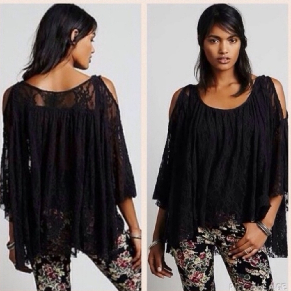 Free People Lost in Austin black lace cold shoulder swing trapeze blouse